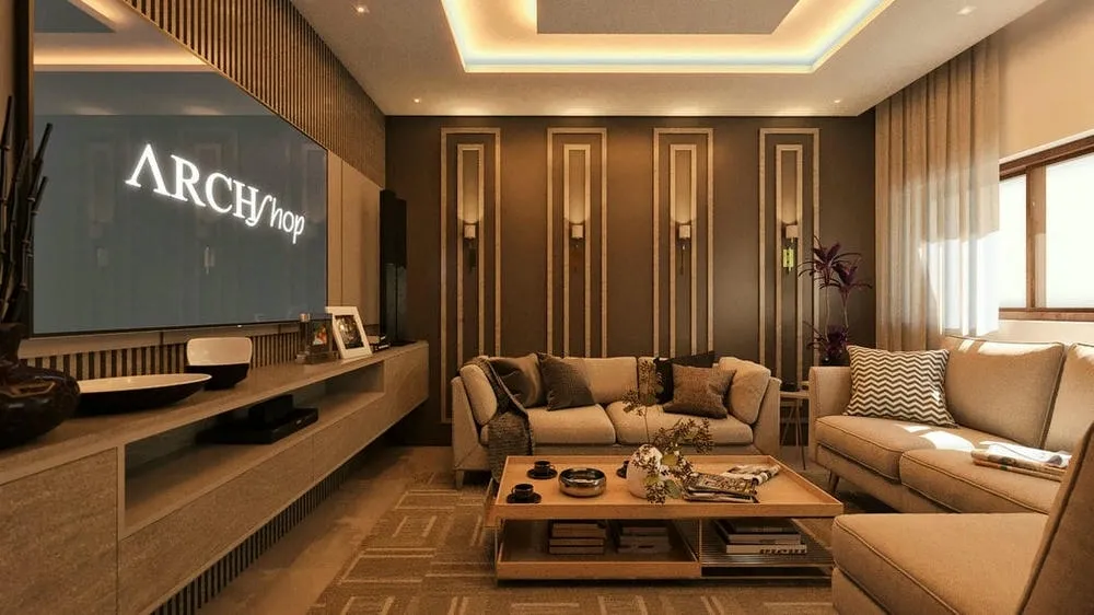Sala de estar con televisión empotrada en el panel, iluminación indirecta y muebles en tonos neutros, ilustrando la tecnología integrada y el diseño sofisticado.
