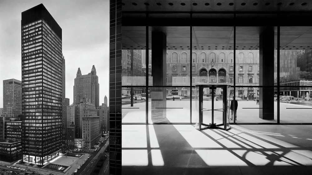 The Seagram Building in New York, with its bronze and glass facade.