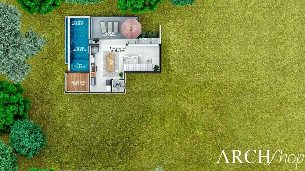 Segundo nivel de plano de cuatro dormitorios para pendiente con área gourmet y piscina, destacando los espacios de ocio.