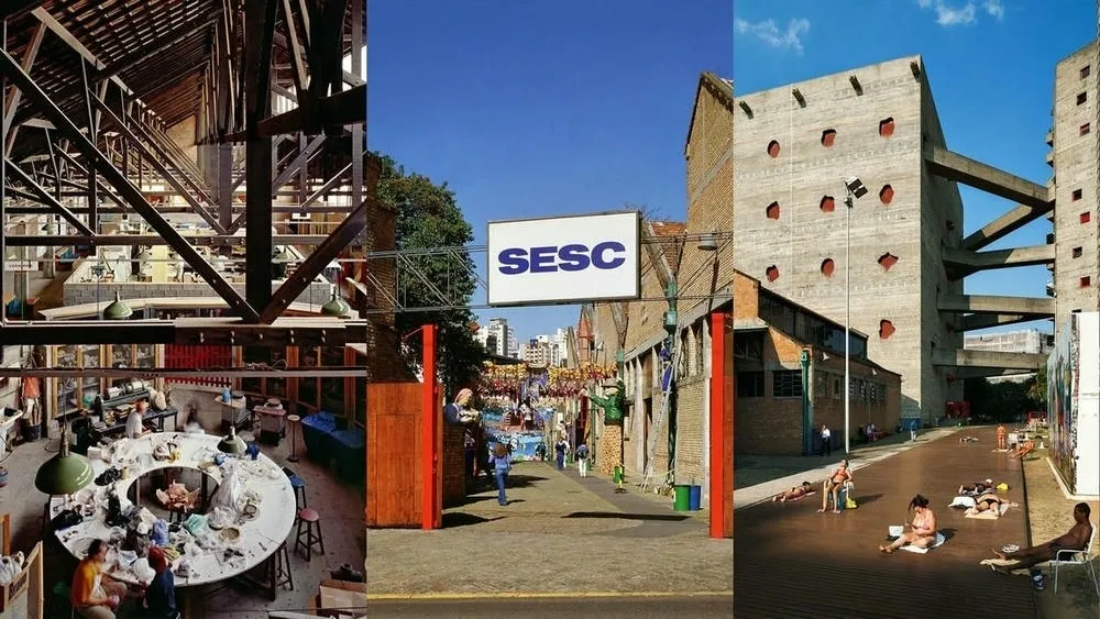 Set of images of Sesc Pompeia, showing internal and external areas after the retrofit by Lina Bo Bardi.