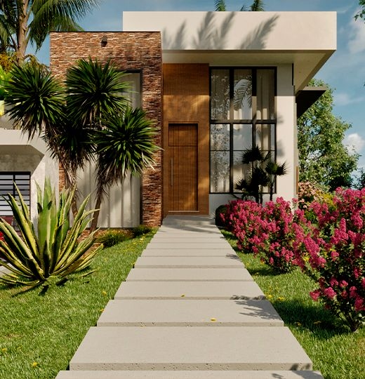 Modern facade of a high-standard house with stone and wood details, and a lush garden.