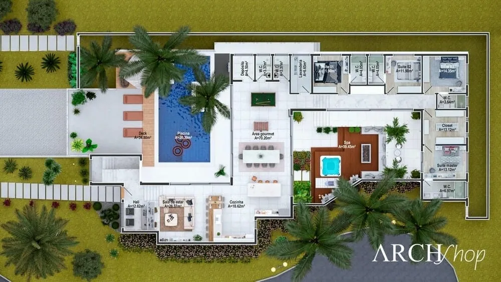 Upper floor plan of a house with 4 suites, detailing bedrooms and bathrooms.