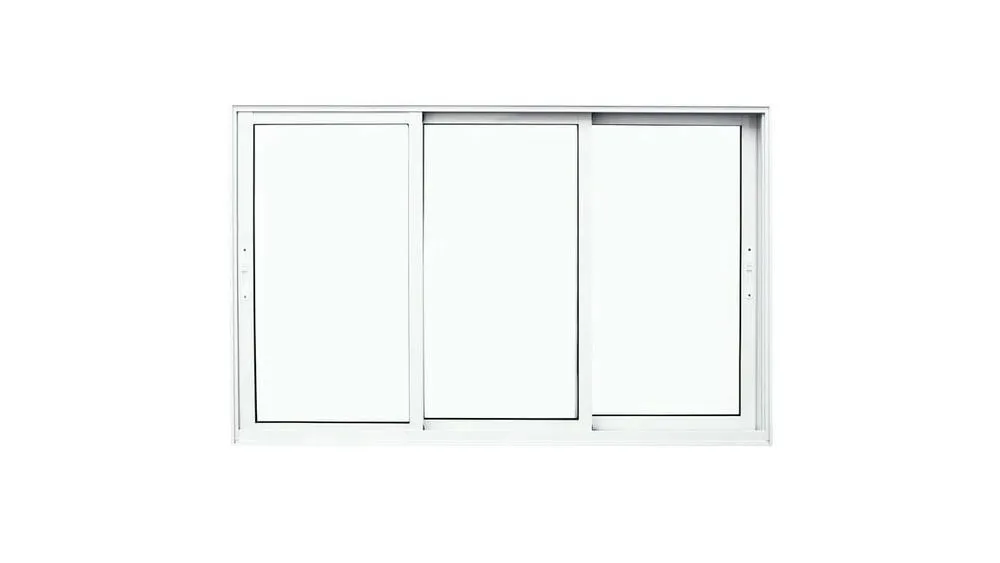 White sliding window with three panels, two fixed and one sliding.