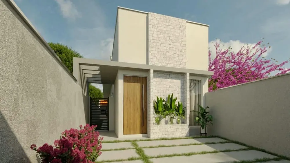 Small house project with hidden roof, pergola, and stone cladding, offering a functional and charming design.