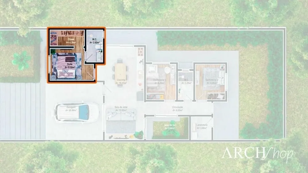 Small master suite with L-shaped closed closet, optimizing space with intelligent design.