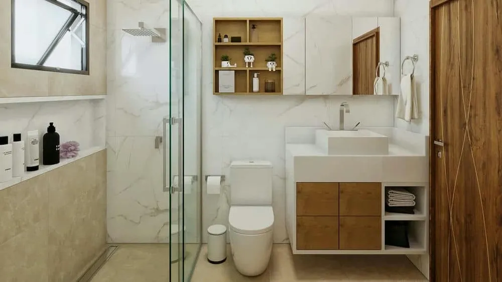 Details of a small and modern bathroom, with optimized solutions for the space, from the Nevada Project.