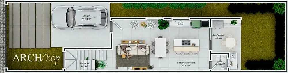 Ground floor plan of the Turkey Project, a small and modern two-story house with 3 bedrooms and a compact gourmet area.