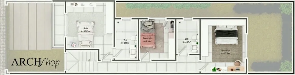 Upper floor plan of the Turkey Project, showing the distribution of 3 bedrooms in a small and modern two-story house.