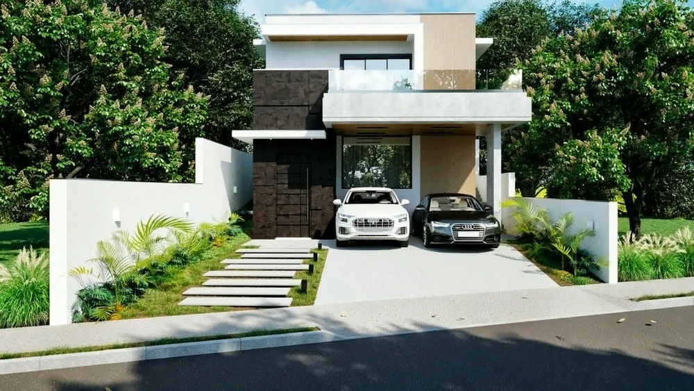 Fachada de sobrado em aclive com piscina e área gourmet, destacando a modernidade da construção.