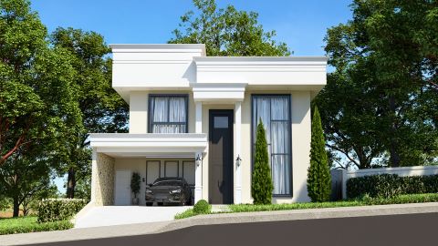 Fachada de sobrado com linhas clássicas e modernas, destacando detalhes em molduras brancas sobre a cor creme, grandes janelas e varanda com 2 vagas de garagem.