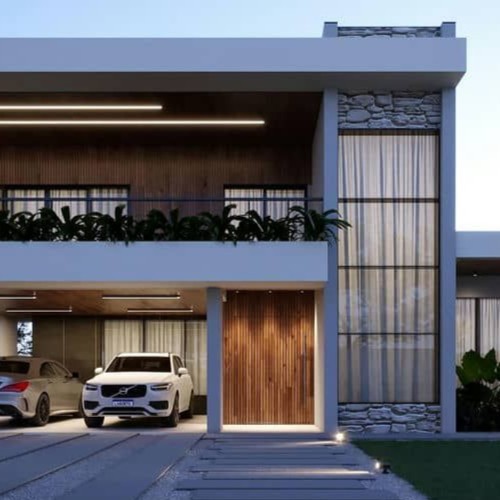 Fachada imponente de sobrado com 4 quartos, combinando revestimento em pedra, detalhes em madeira e amplas janelas de vidro, ideal para projetos modernos.