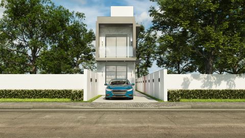 Fachada de sobrado moderno com 3 quartos, 1 suíte, 4 banheiros e área gourmet separada. Projeto para terrenos estreitos 5x32m, com 2 vagas de garagem.
