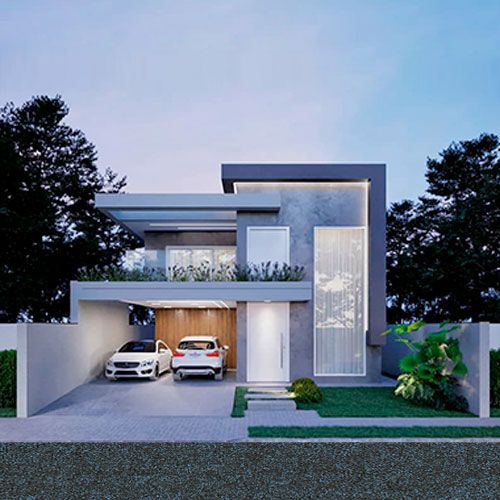 Fachada de sobrado moderno com 3 quartos, apresentando linhas retas, telhado embutido, garagem para dois carros, detalhes em madeira e iluminação integrada.