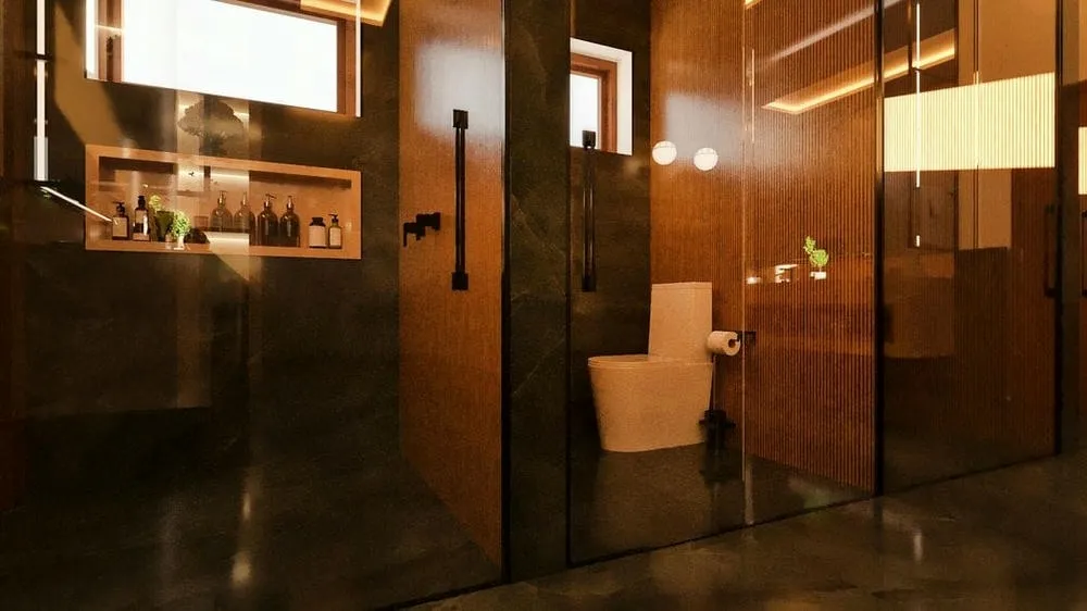 Sophisticated bathroom with neutral tones and luxury finishes, from the Burgundy Project.