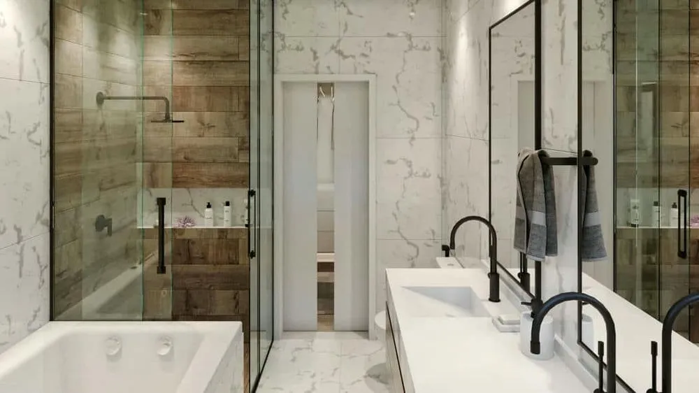 Sophisticated and large bathroom, with a modern layout and high-standard finishes, from the Detroit Project.