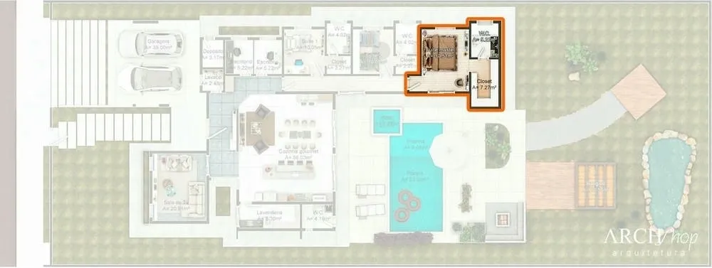 Suíte master com closet fechado e quarto com saída direta para a piscina, criando um ambiente integrado e luxuoso.