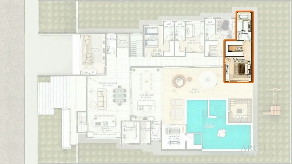 Suíte master com closet em U, hidromassagem e quarto com saída para o deck, oferecendo luxo e conforto.