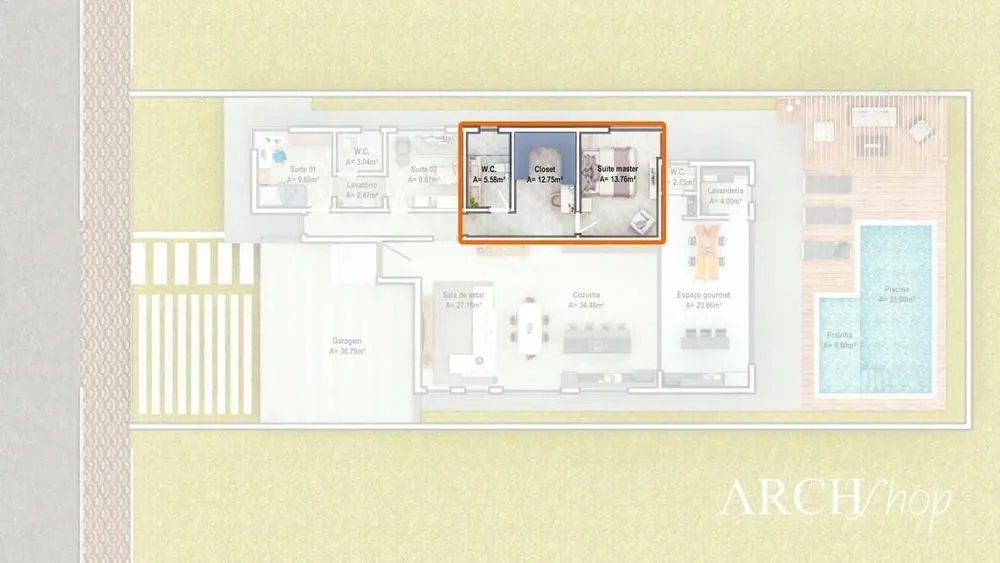 Suíte master com hall, penteadeira no closet e quarto com janela de canto, otimizando espaço e luz.
