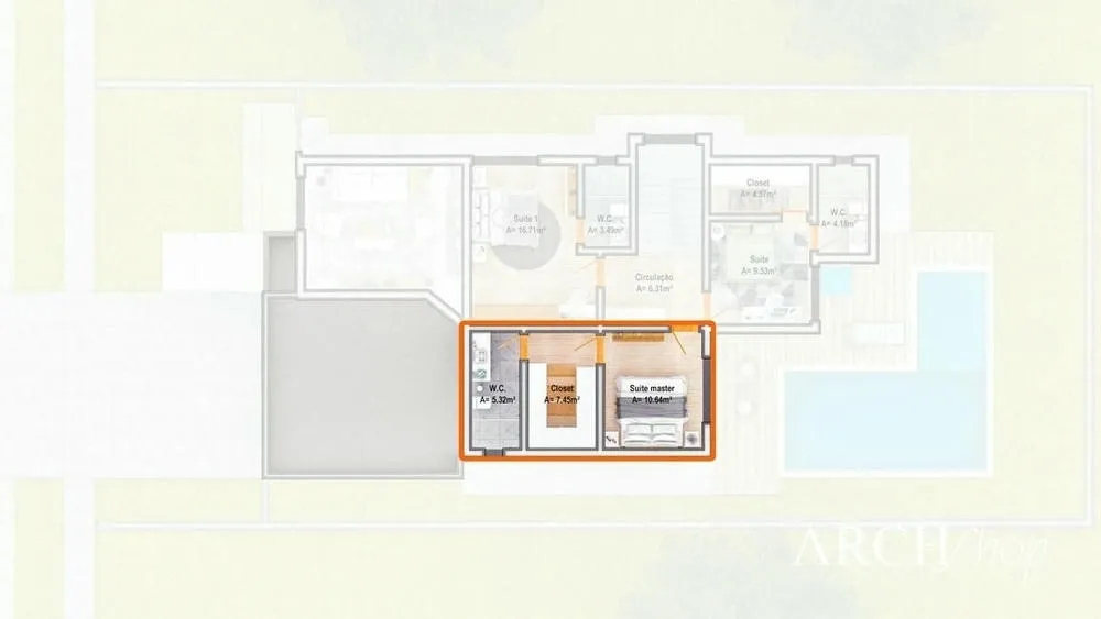 Suite principal pequeña con vestidor en U y distribución lineal, ideal para optimización de espacio en proyectos compactos.