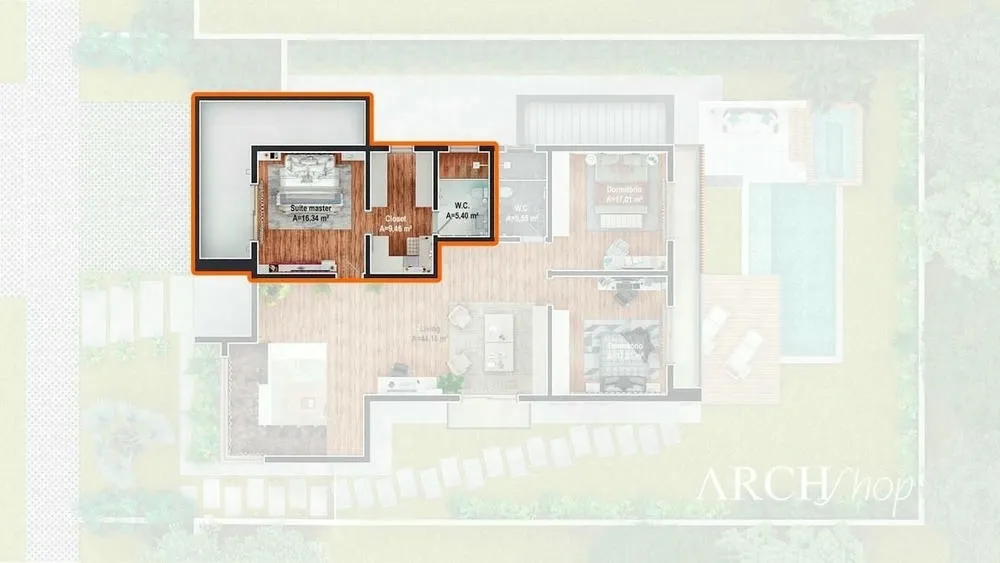 Suite principal con vestidor en layout paralelo, tocador y balcón privado, proporcionando un diseño sofisticado y práctico.