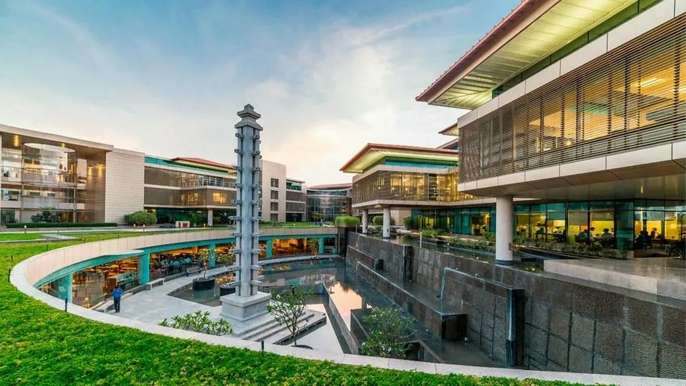 Facade of Suzlon One Earth in India, with modern design and elements that refer to wind energy.