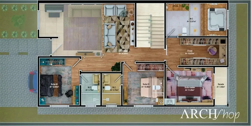 Second floor plan of the Taiwan Project, with TV room, suites and master suite with closet and hot tub.