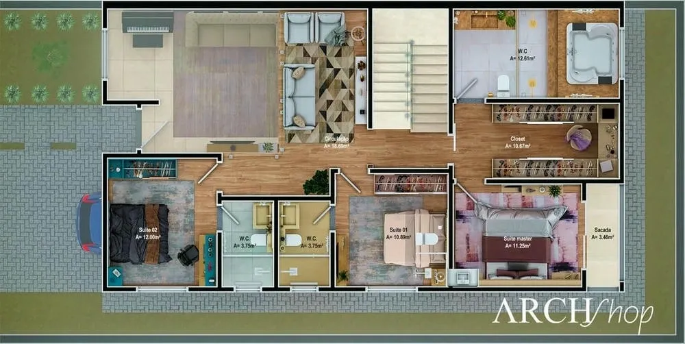 Lower floor plan of the Taiwan Project, with 4 bedrooms and a double-height ceiling.