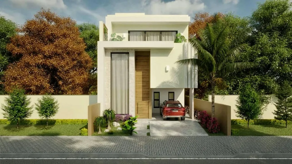Modern and luxurious facade of a high-standard house with wooden details and landscaping.
