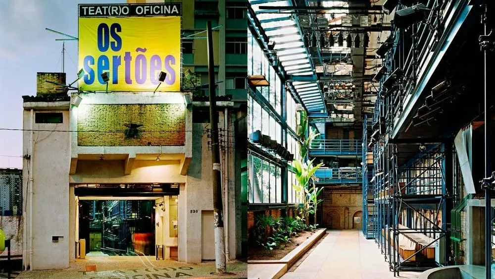Interior del Teatro Oficina, con su estructura de concreto aparente y un escenario alargado, creando un espacio dramático.