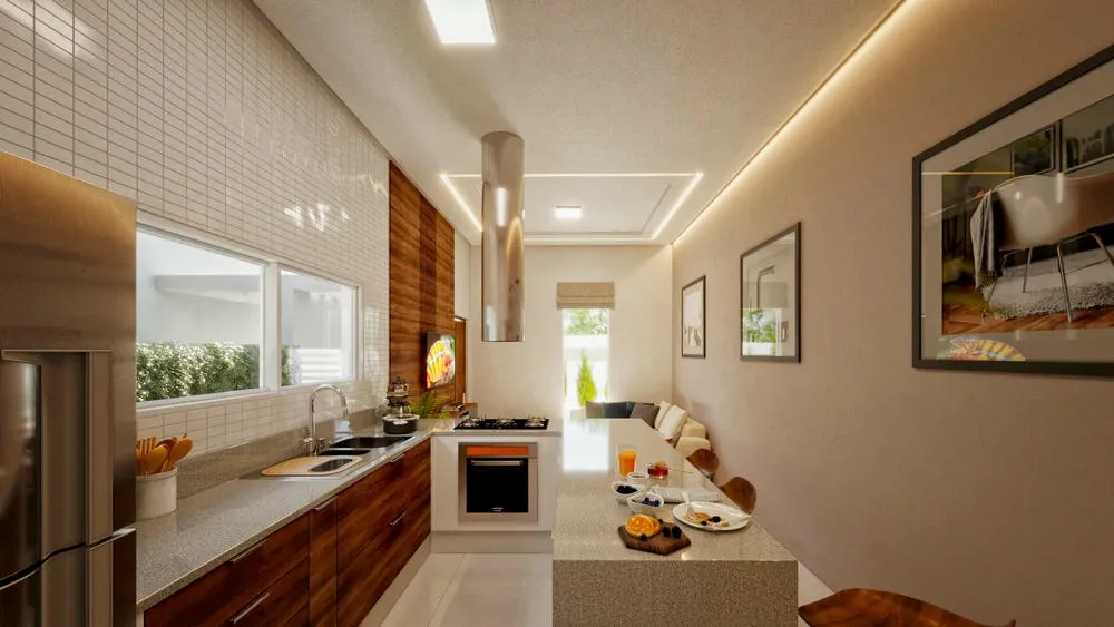 Tendencia de iluminación empotrada en cocina planificada, creando ambientes acogedores y funcionales en el Proyecto Moscú.