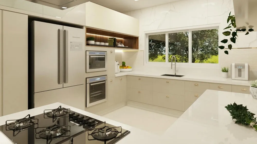 Tendência de bancadas de quartzo em cozinha planejada, oferecendo durabilidade e elegância no Projeto Beverly Hills.