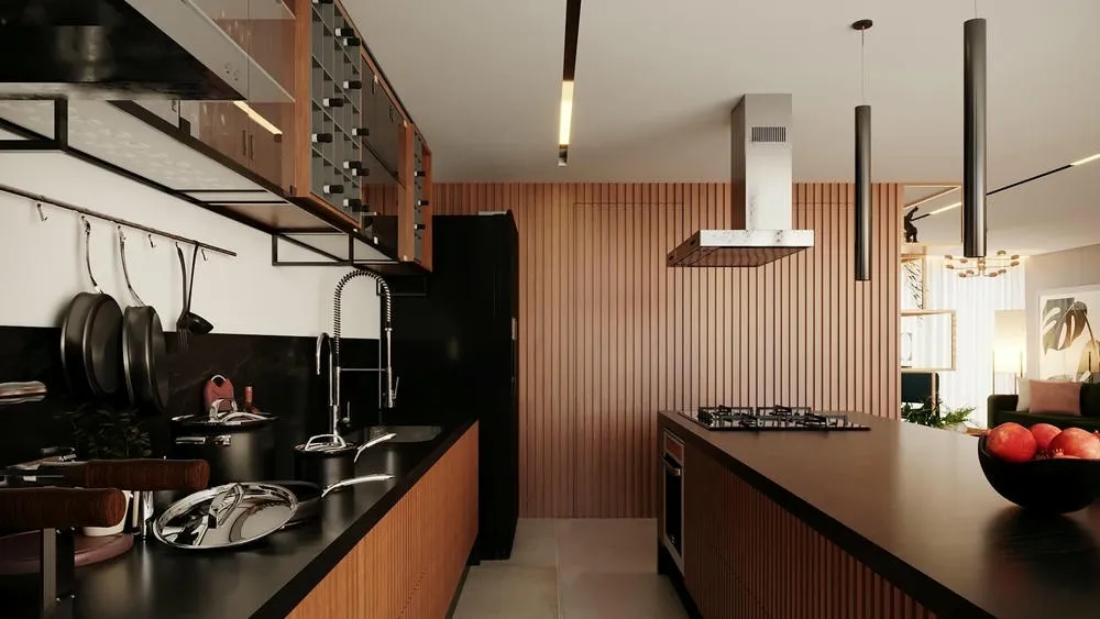 Tendência de cores escuras em cozinha planejada, com tons de preto, cinza e marrom, adicionando sofisticação no Projeto Madagascar.