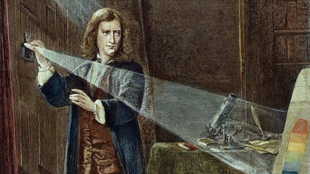 Um prisma refratando a luz branca em um arco-íris de cores, ilustrando a teoria de Isaac Newton sobre o espectro visível.
