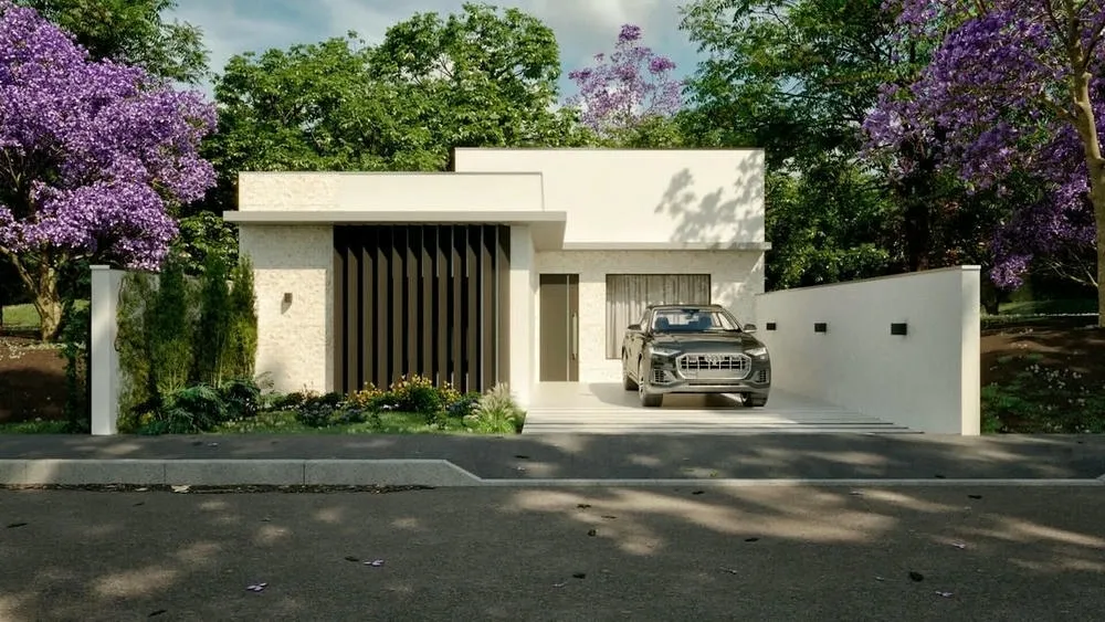 House with a built-in roof and white platband, one car in the garage and purple trees in the background. The platband hides the tiles for a cleaner look.
