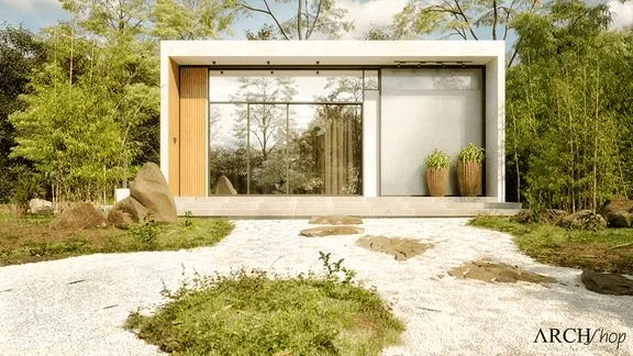 A Tiny House with contemporary design, large glass panels and light wood cladding on the side, surrounded by bamboos and a stone path. Natural light floods the environment, and the 'ARCHshop' brand is in the lower right corner.