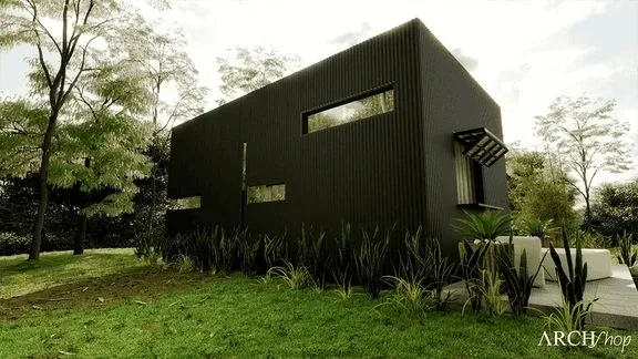 A Tiny House with modern and minimalist design, black facade and rectangular windows that reflect the surrounding landscape. The house is surrounded by dense vegetation and has a small eaves over a window on the right side. The 'ARCHshop' brand appears in the lower right corner.
