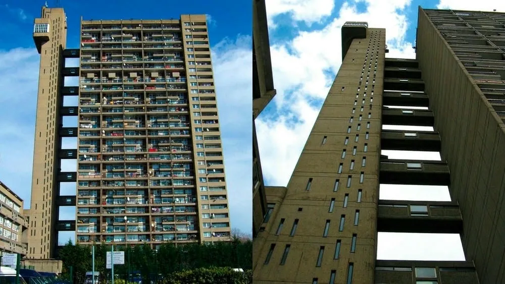 Two views of Trellick Tower in London, United Kingdom, highlighting its imposing brutalist concrete structure with repetitive balconies.