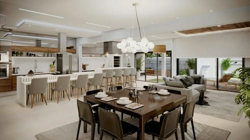 Two-story house with double-height ceiling and gourmet space, ideal for narrow lots and optimized design.