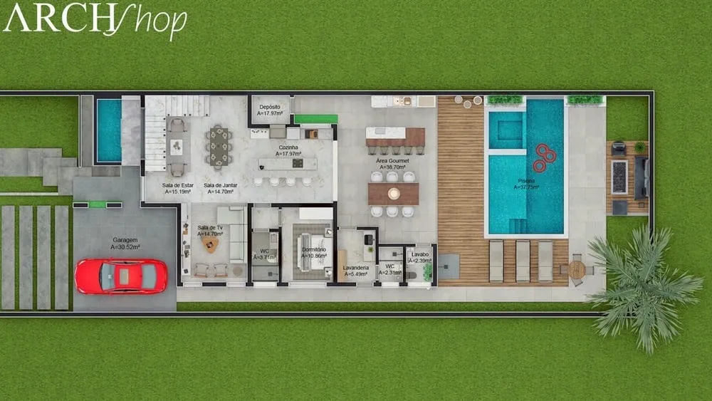 Ground floor plan of the Atlanta Project, a two-story house with fire pit and integrated environments.