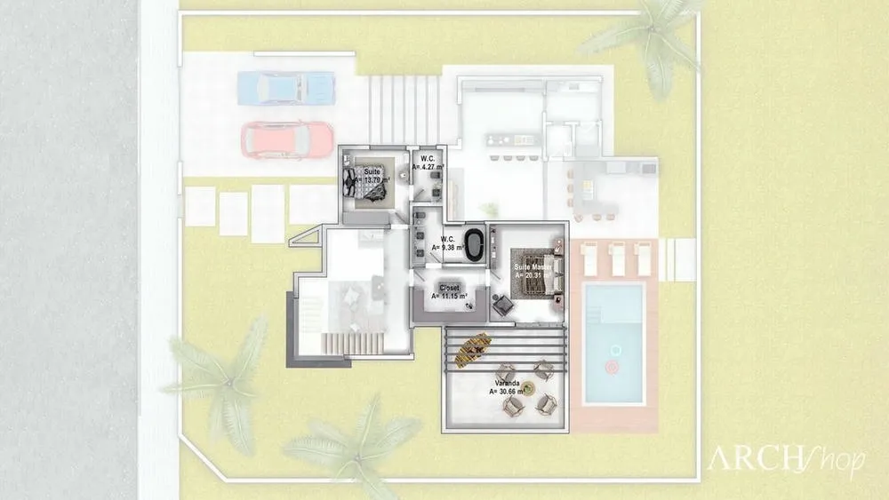Upper floor plan of the Berlin Project, with 4 suites, gourmet area, and pool with deck.