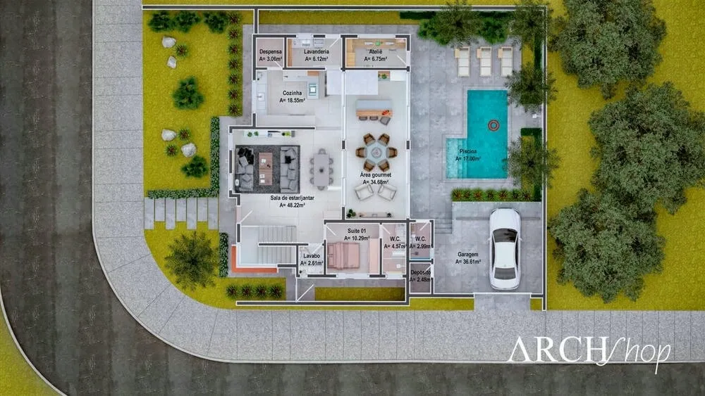 Ground floor plan of the Beverly Hills Project, a two-story house with 3 suites and pool.