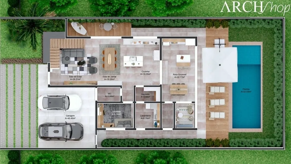 Ground floor plan of the Budapest Project, a two-story house with 3 suites and complete leisure area.