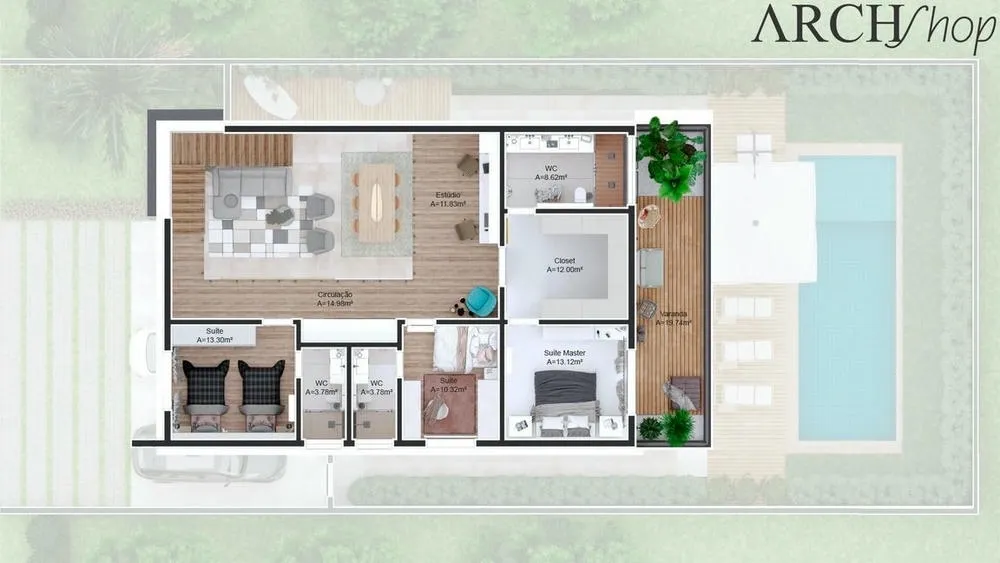 Upper floor plan of the Budapest Project, with 3 suites and complete leisure area.