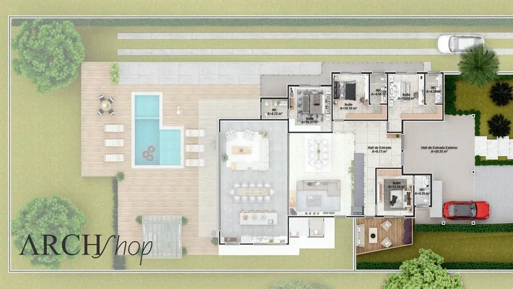 Ground floor plan of the Buenos Aires Project, a two-story house with double height ceiling and 5 suites.