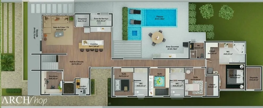 Upper floor plan of the Chile Project, with 4 suites.