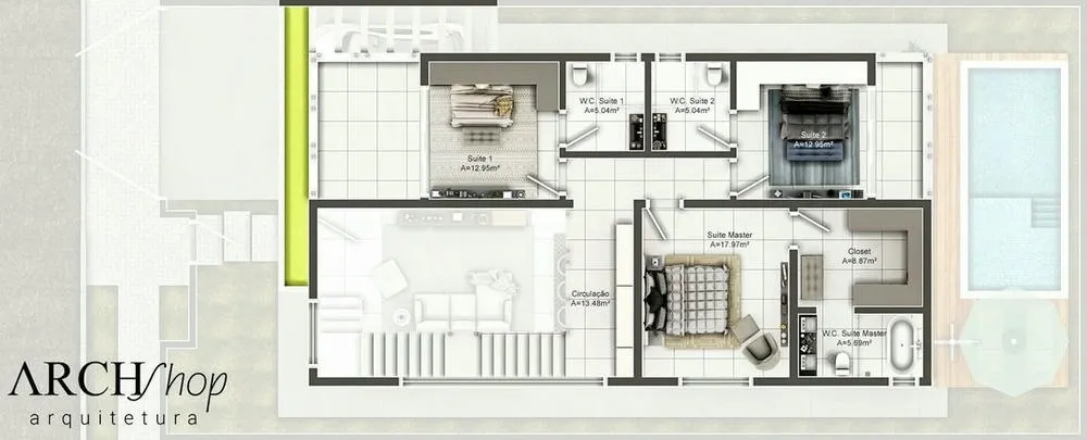 Upper floor plan of the Ireland Project, with 3 bedrooms, gourmet area, and pool.