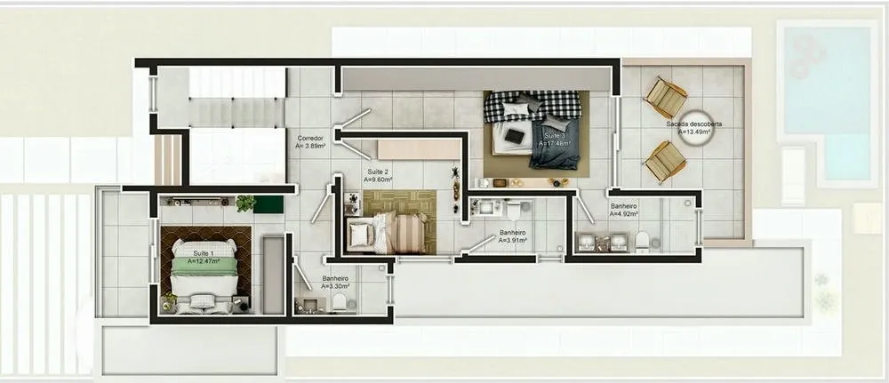 Upper floor plan of the Santiago Project, with 3 suites.