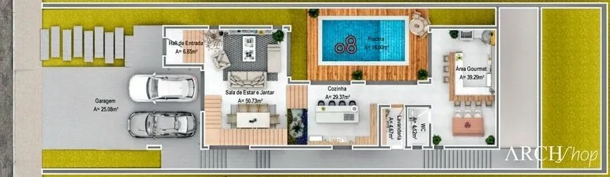Example of a ready two-story house plan on an uphill lot with pool, Georgia Project.