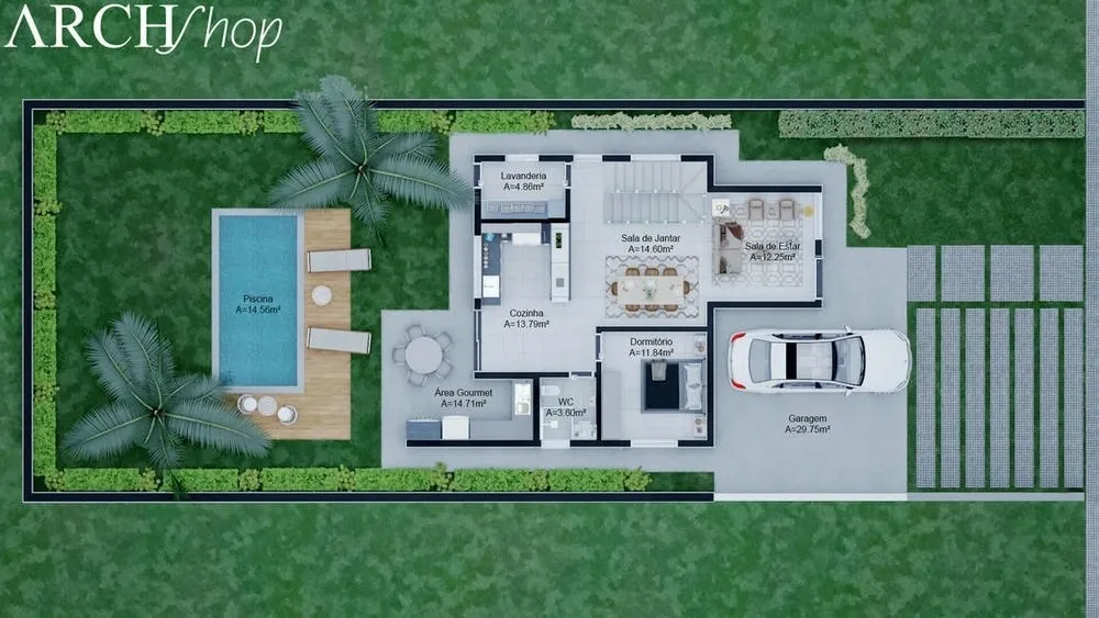 Ground floor plan of the Zurich Project, a two-story house with open concept and 4 bedrooms.