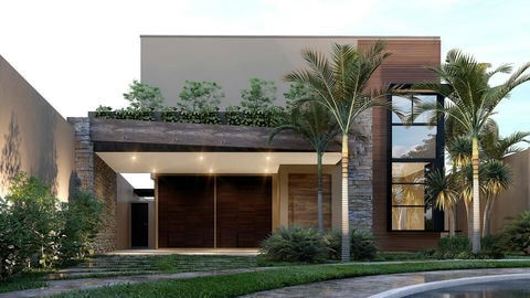 Two-story house project with double-height ceiling.